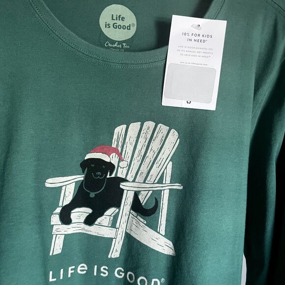 LIFE IS GOOD Black Lab Winter Dog Days Crusher Tee M Green Holiday Santa Hat - Picture 3 of 12